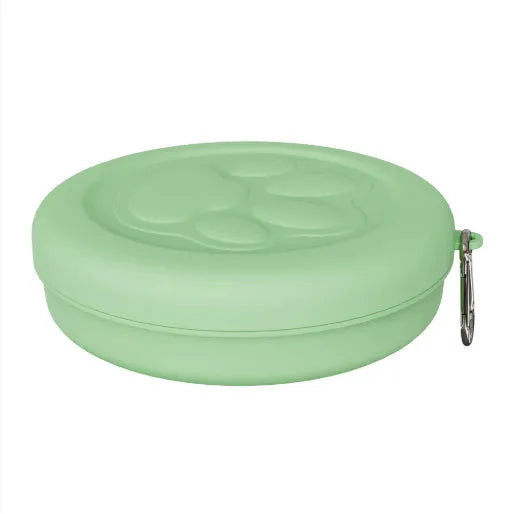 Portable dog bowl with snack box compartment in two-tone light green colour