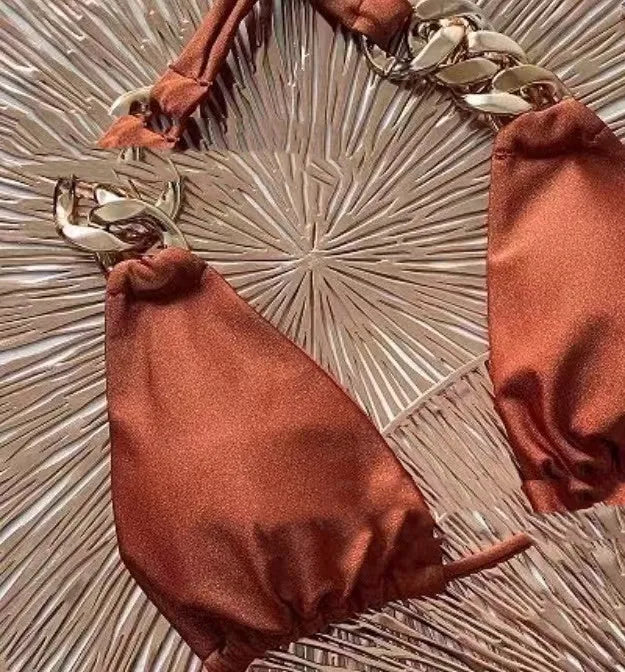 Brown women's tube top push up bikini swimsuit with ring tether detailing