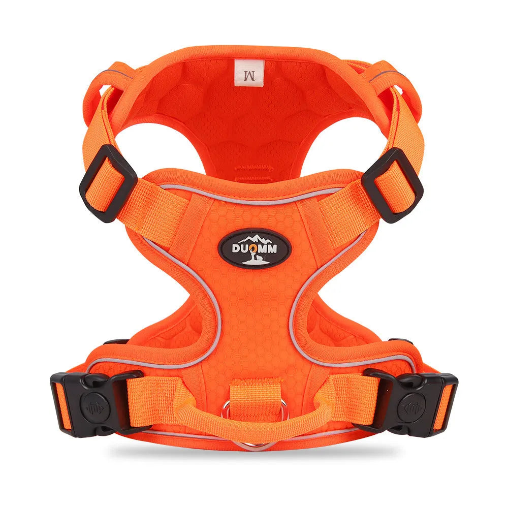 Dog hand holding rope vest harness in orange with reflective round rope and Oxford cloth construction