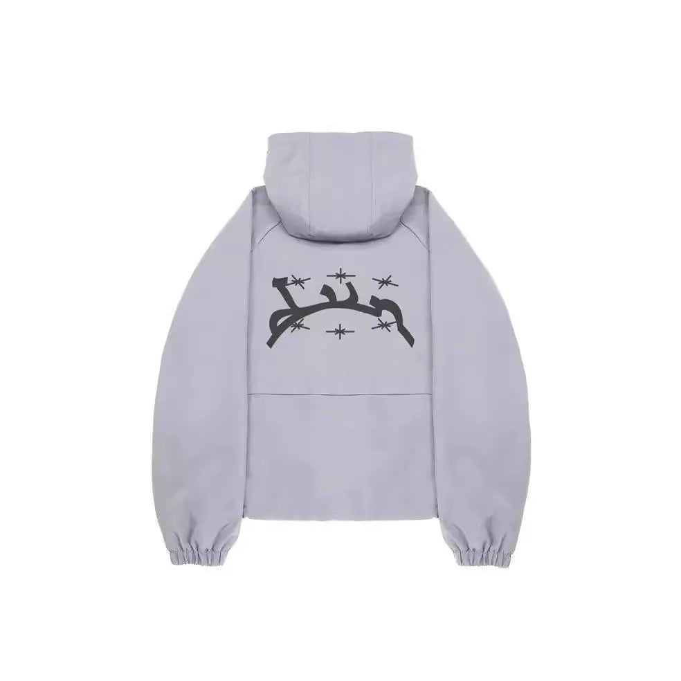 Men's grey hooded loose-fitting British style polyester jacket