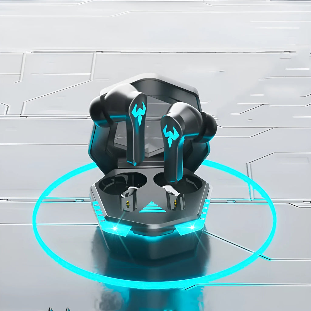 Black wireless in-ear sports headset with stereo earplugs for gaming and calls.