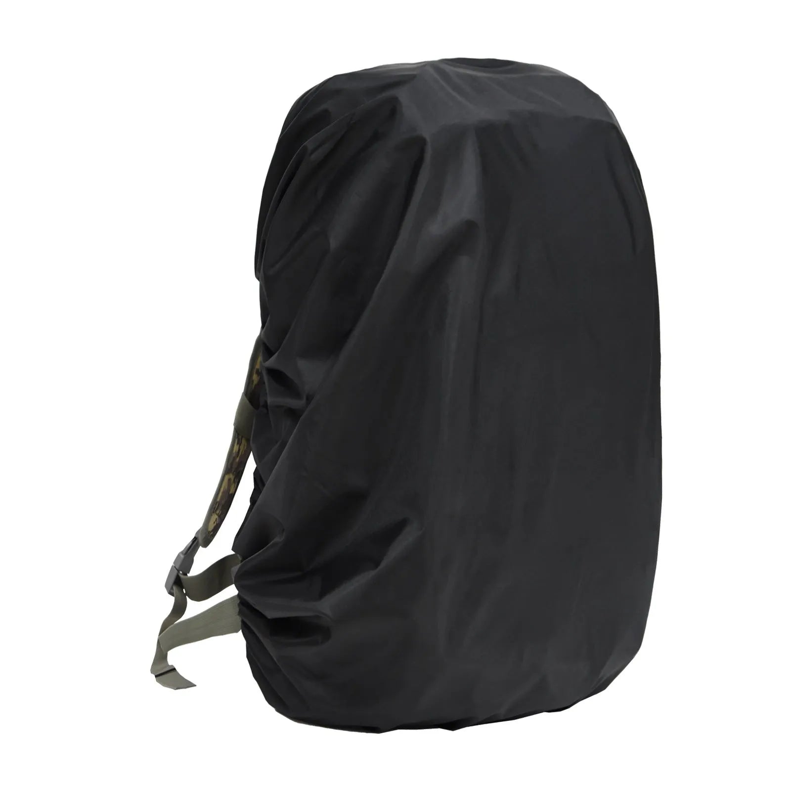 Army green waterproof rain cover for a large 80 litre backpack on a hiking trail.