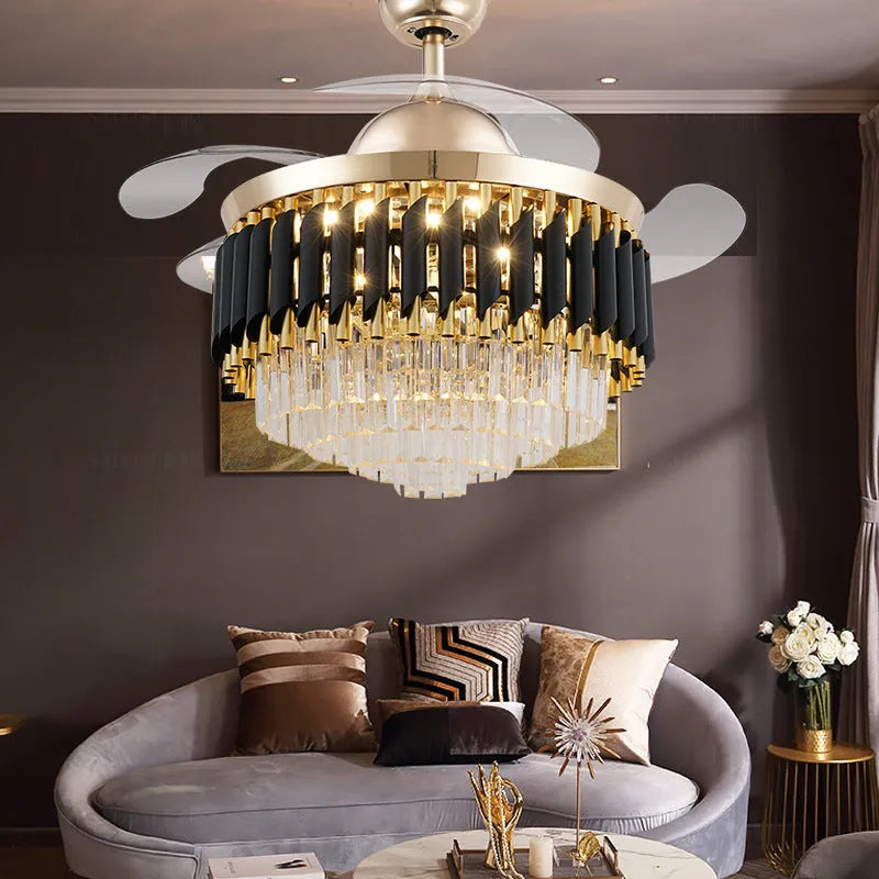 LED crystal chandelier ceiling fan light with wooden blades and remote control on a white ceiling.