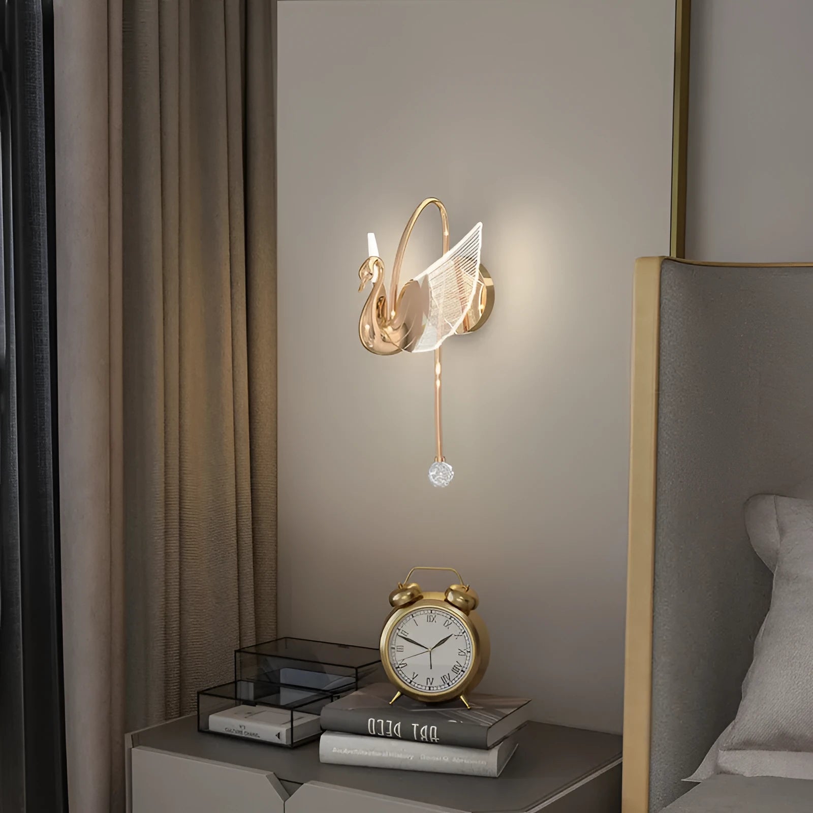 Modern minimalist swan design bedside wall lamp with iron construction and acrylic shade