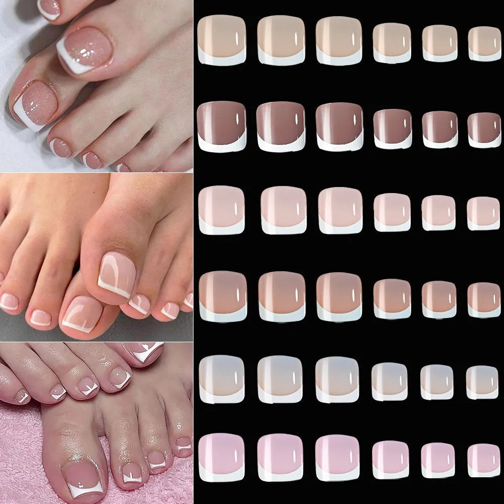 Box of 120 French manicure style nail pieces with white edges in nine nude colours, square short shape for toes.