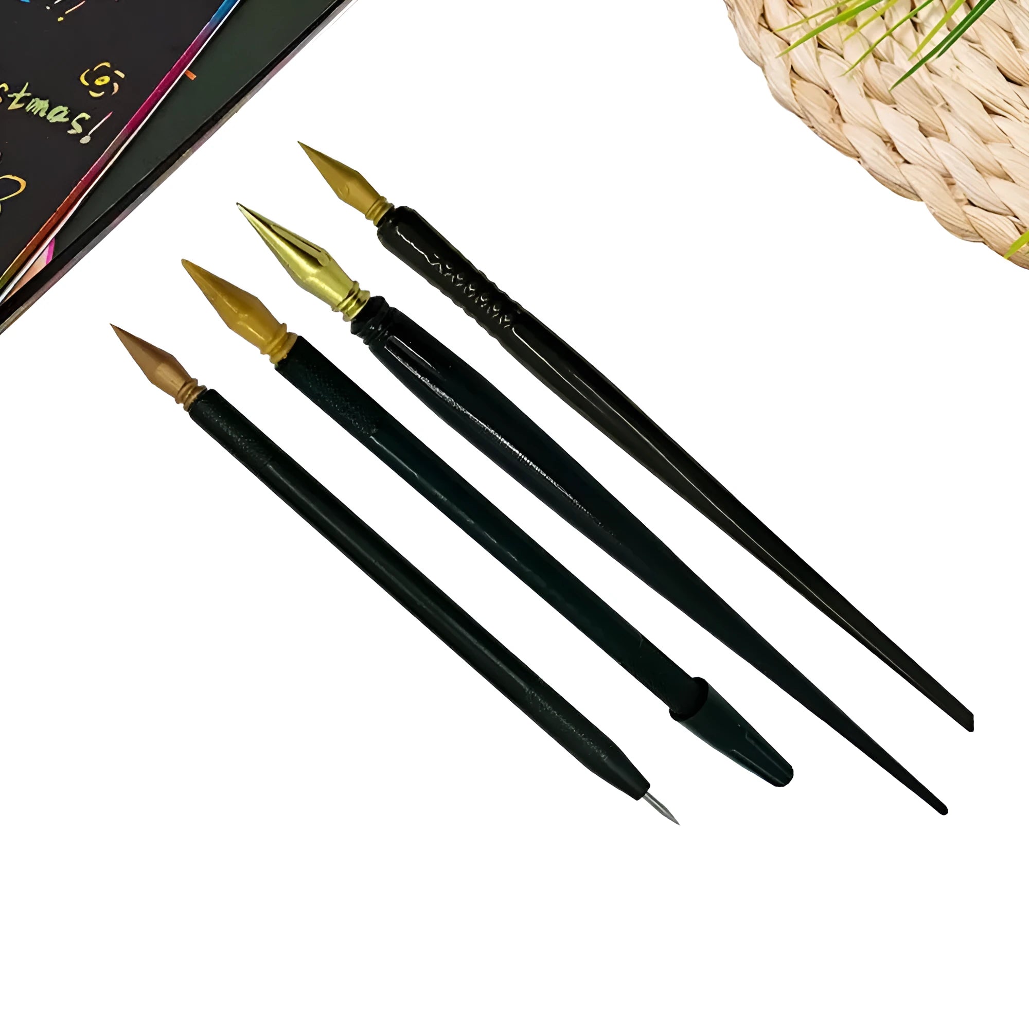 Children's scratch art pen with paper brush attachment for rainbow scratch painting projects