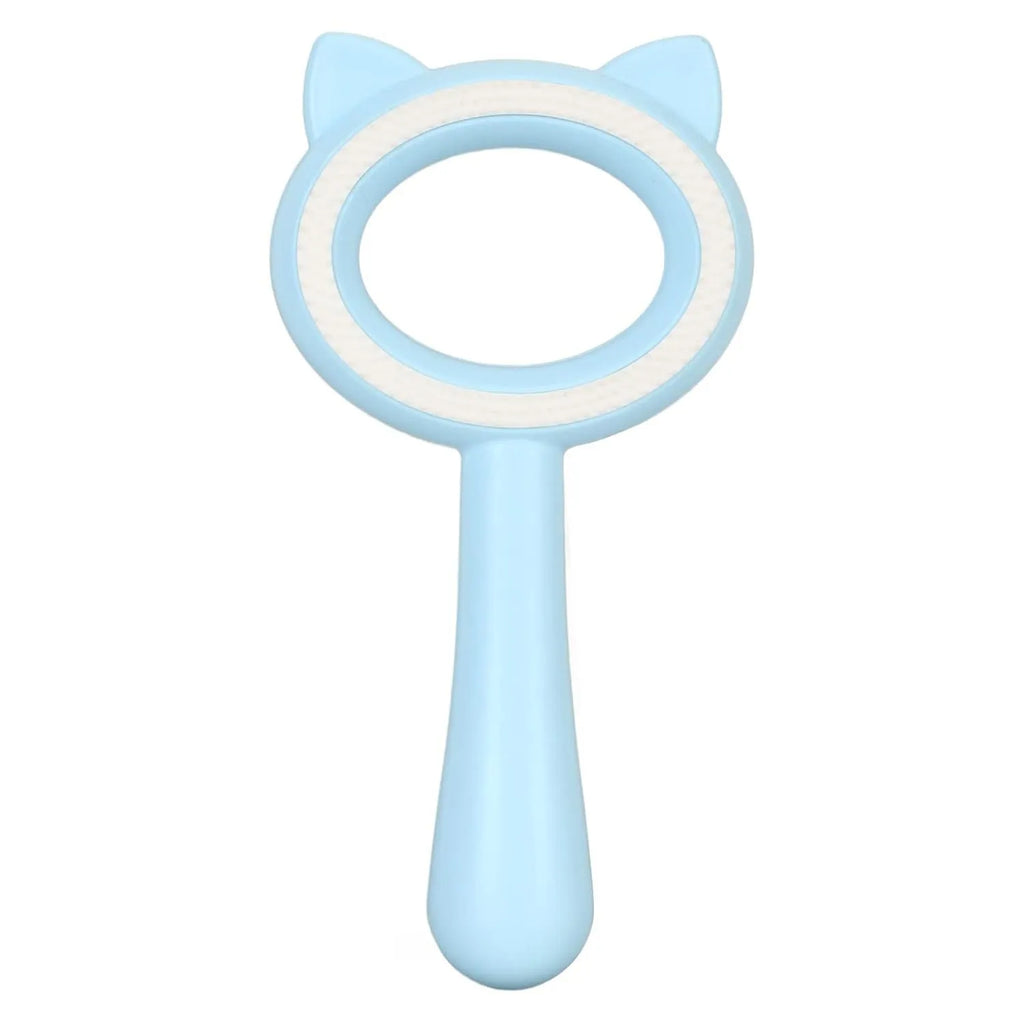 Blue and white double-sided pet grooming brush with a deshedding comb and massage brush head.