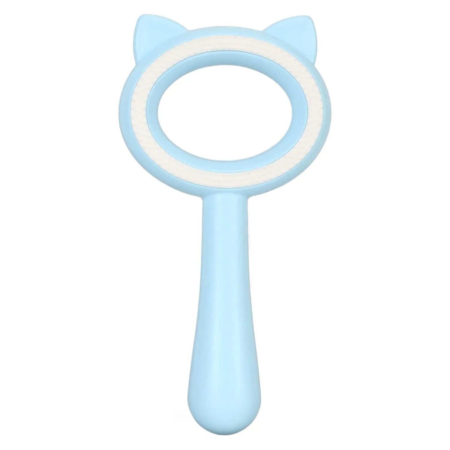 Blue and white double-sided pet grooming brush with a deshedding comb and massage brush head.