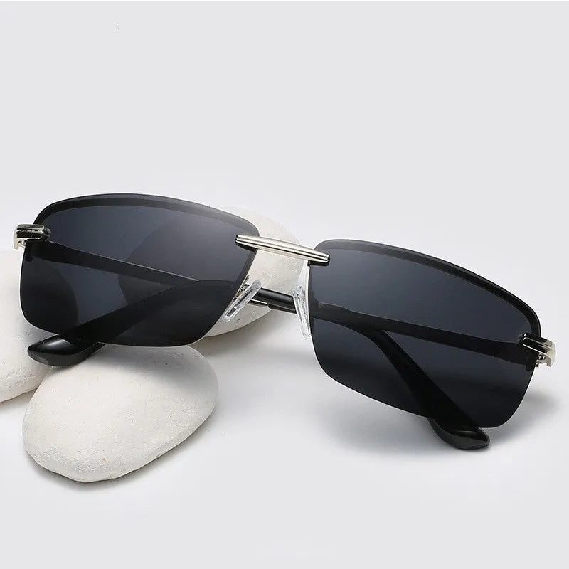 Frameless polarized sunglasses for men, silver night vision film, metal frame, PC lenses