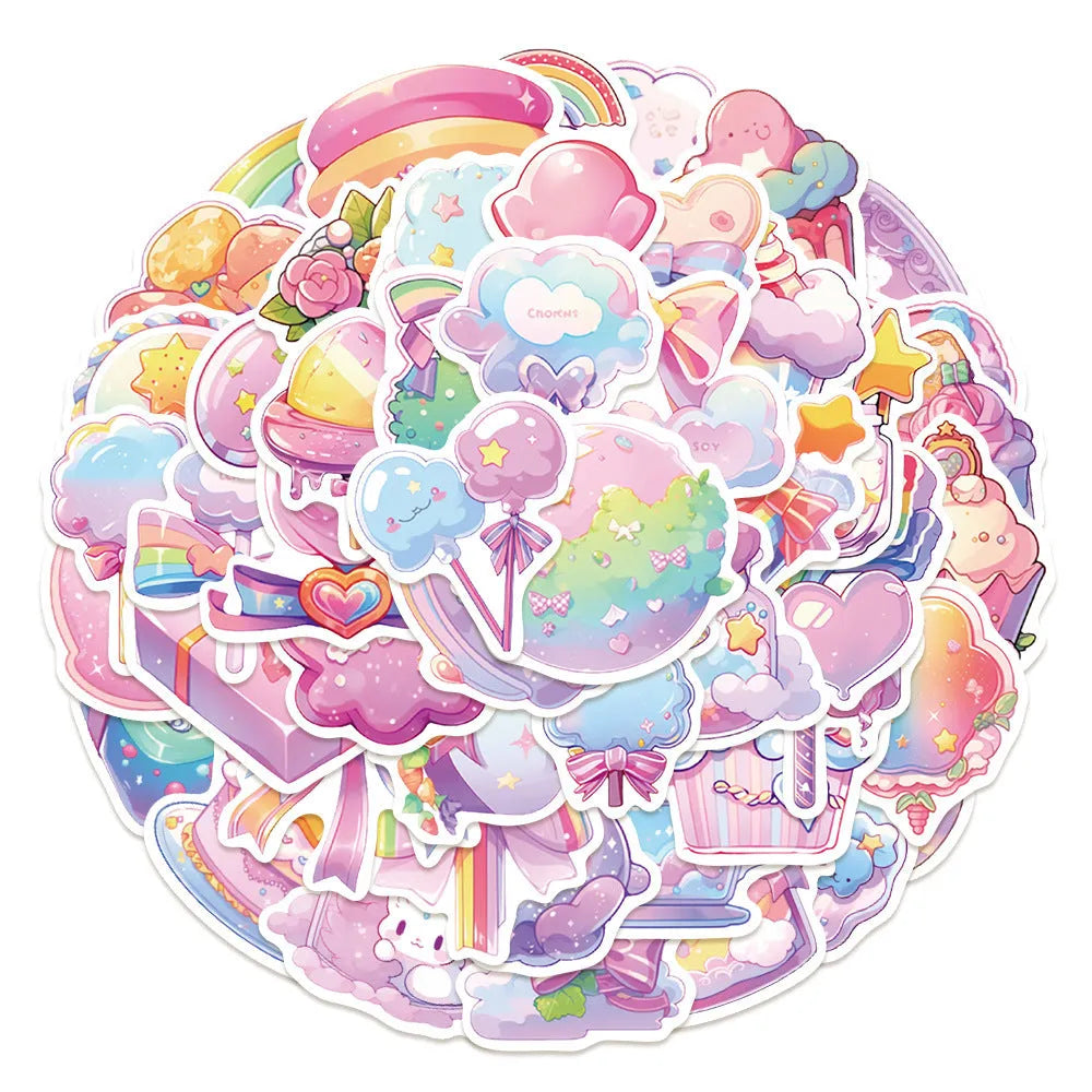Pack of fresh candy themed cute waterproof decorative stickers, showing varied small object designs between 4 and 7 cm in size.