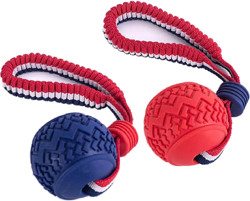 Blue natural rubber dog ball with rope attached, measuring 6.5cm in diameter