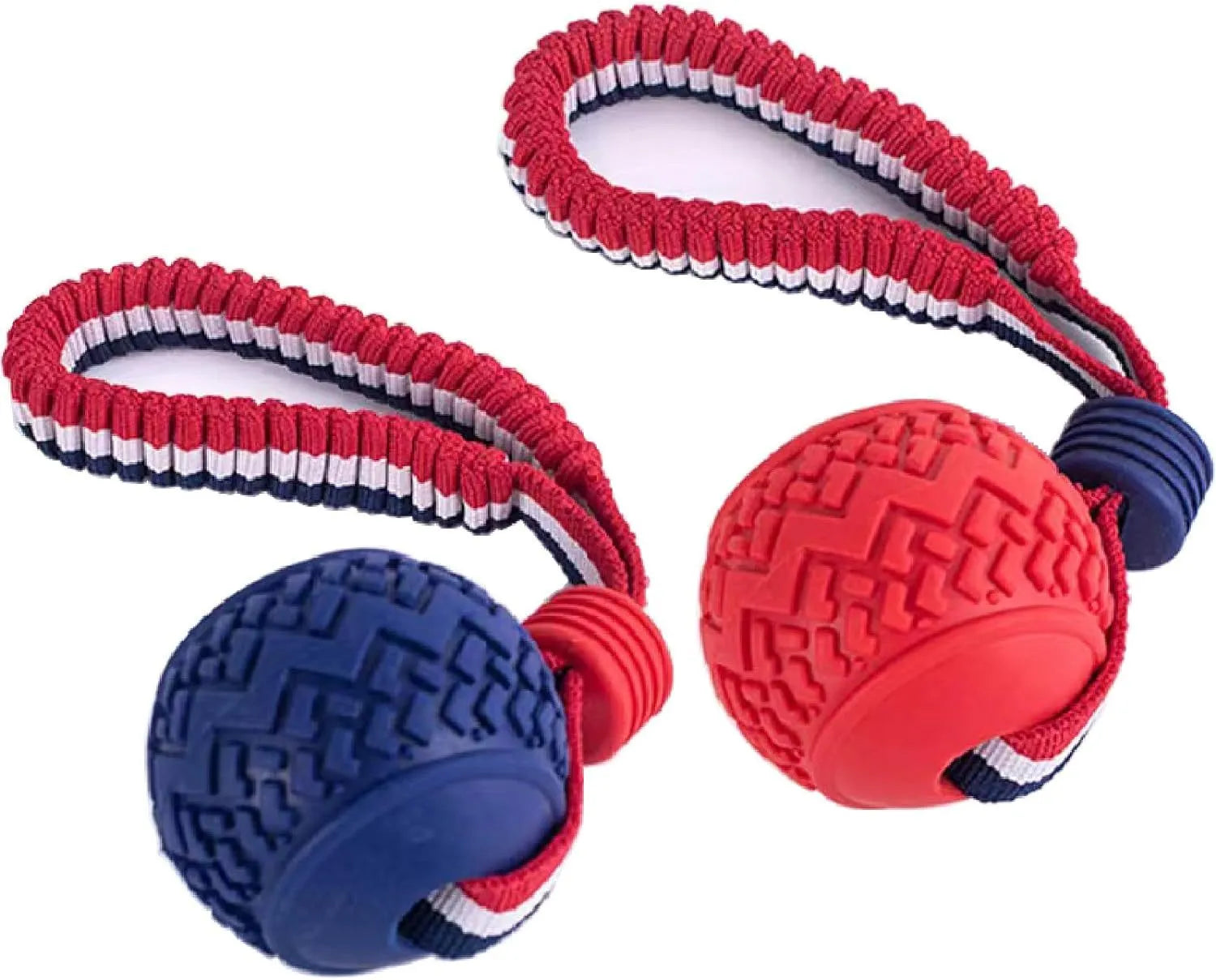 Blue natural rubber dog ball with rope attached, measuring 6.5cm in diameter