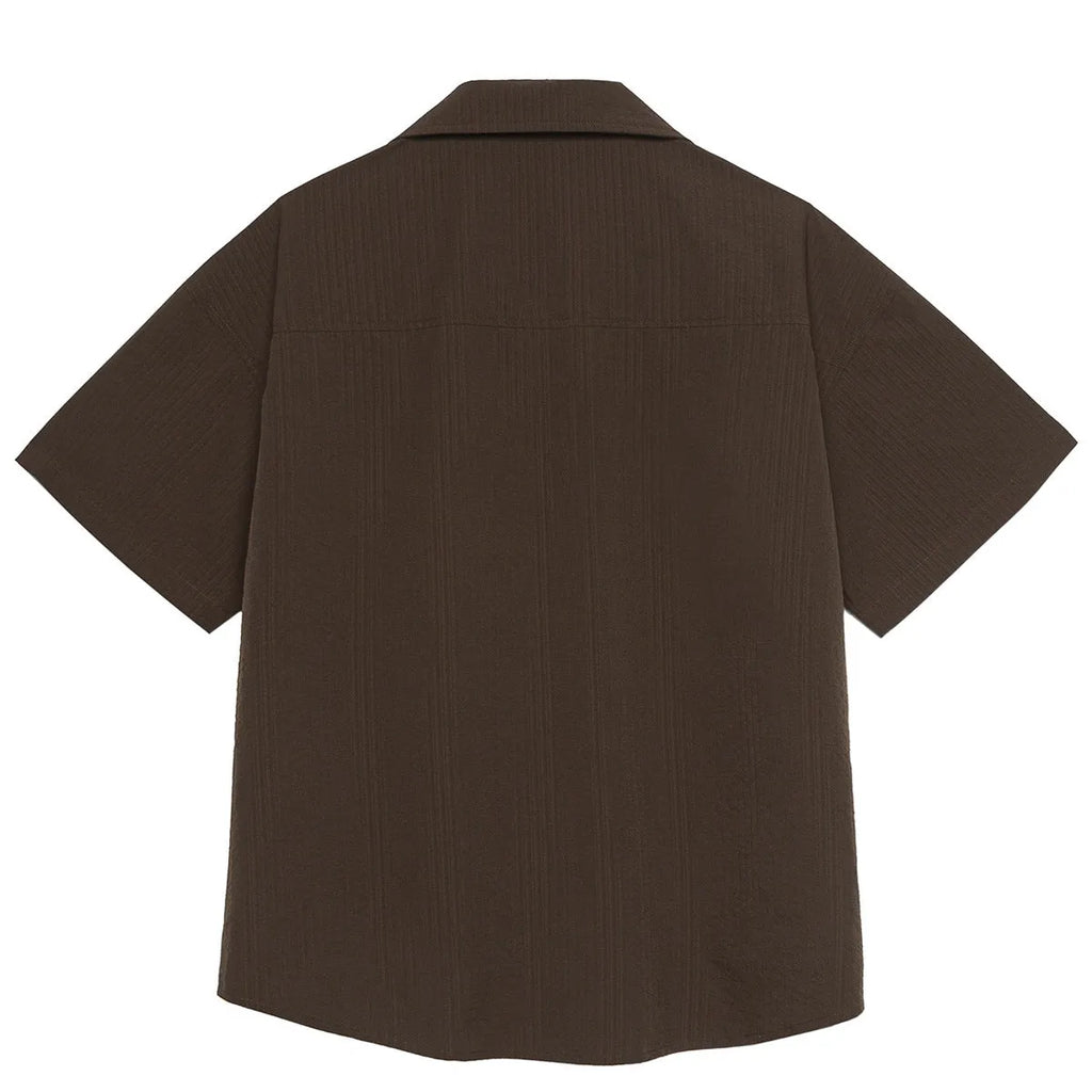 Brown striped Cuban collar short sleeve shirt for outdoor camping and travel