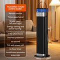 Tall, slim vertical heater in upgraded colour with remote control on a wooden floor.