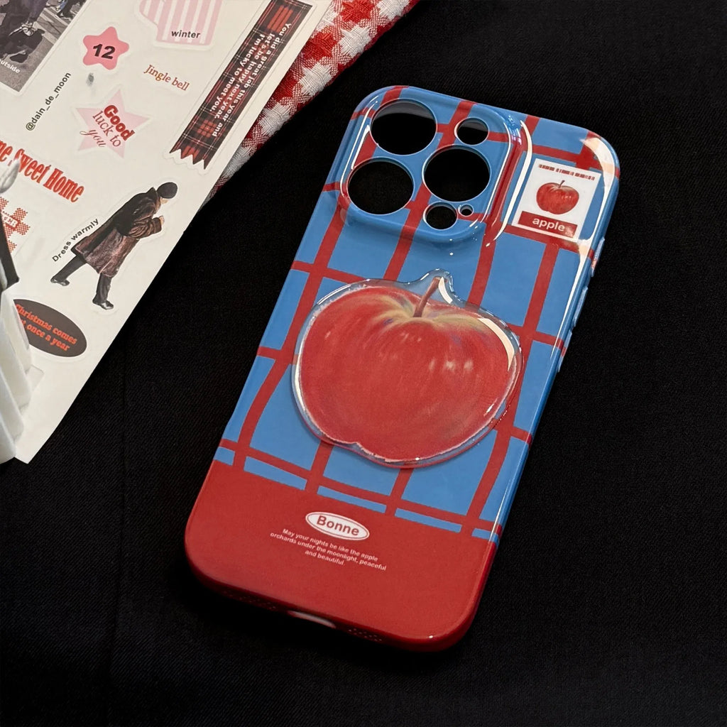 Full-coverage 3D checkered phone case with fruit pattern in Film Blue Red Grid colour, soft shell variant with little cat pendant.
