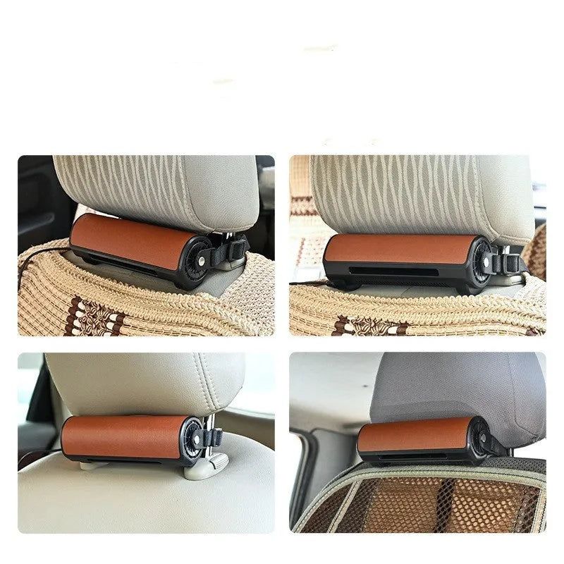 Black ventilated rear bladeless car fan with USB power cord on a car dashboard.