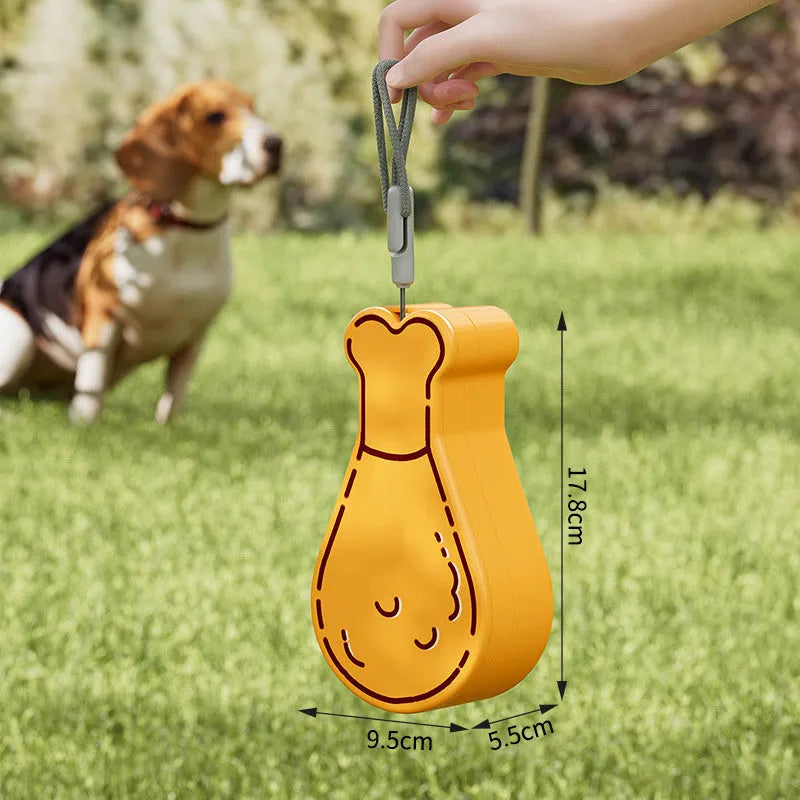 Portable 2-in-1 pet water feeder in orange with water bottle and food container compartments, shortened sling for carrying