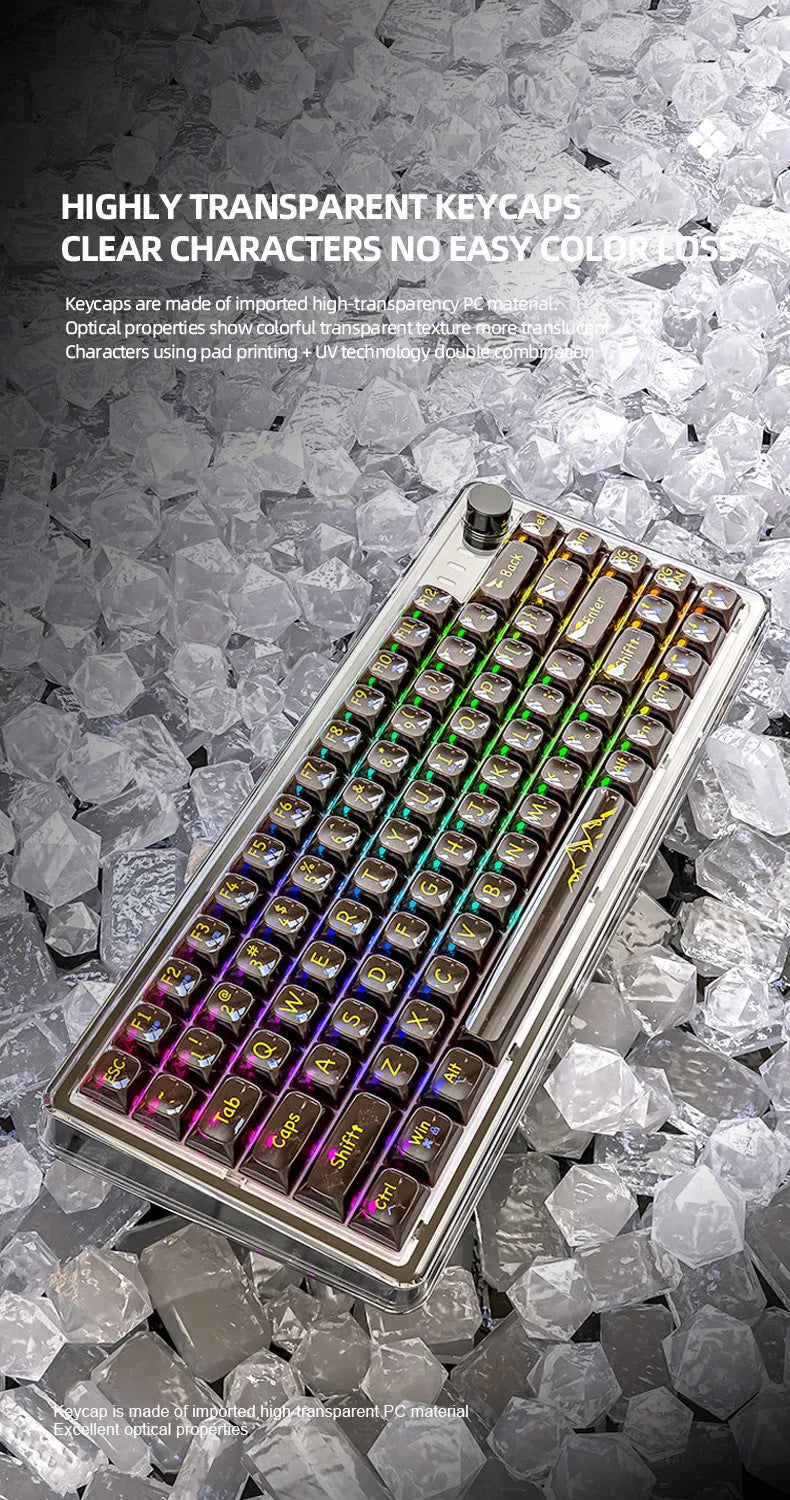Attack Shark K75 RGB transparent mechanical keyboard showing lighting through polycarbonate housing
