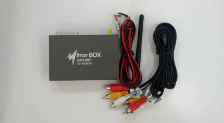 Black car Wi-Fi mirror link box converter with power cable, AV cable, antenna, and manual.