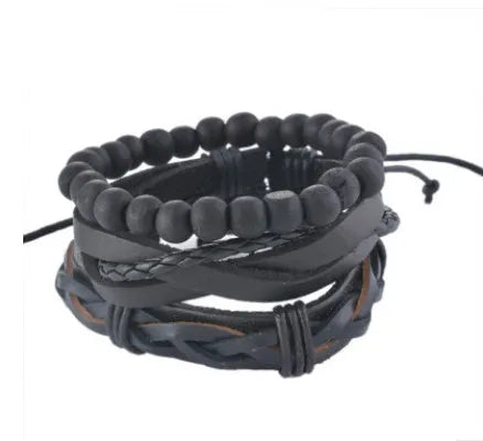Hand-woven multilayer leather bracelet with wooden beads on adjustable 6cm diameter band
