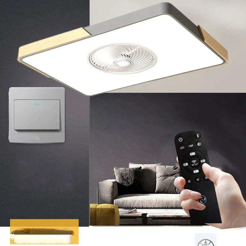 Nordic style ceiling fan with integrated light in a solid wood rectangular, round, or square frame.
