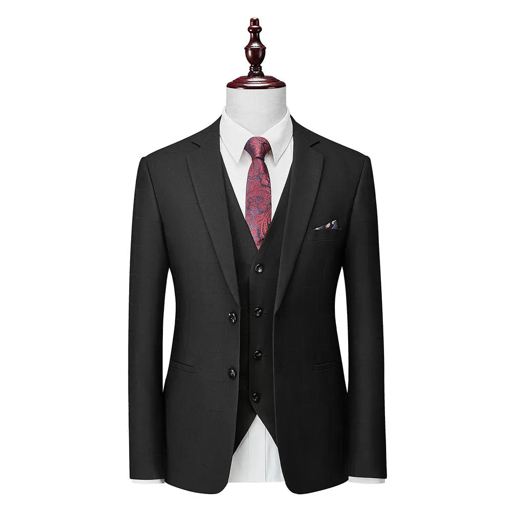 Men's navy blue three-piece plaid suit with slim fit design on hanger