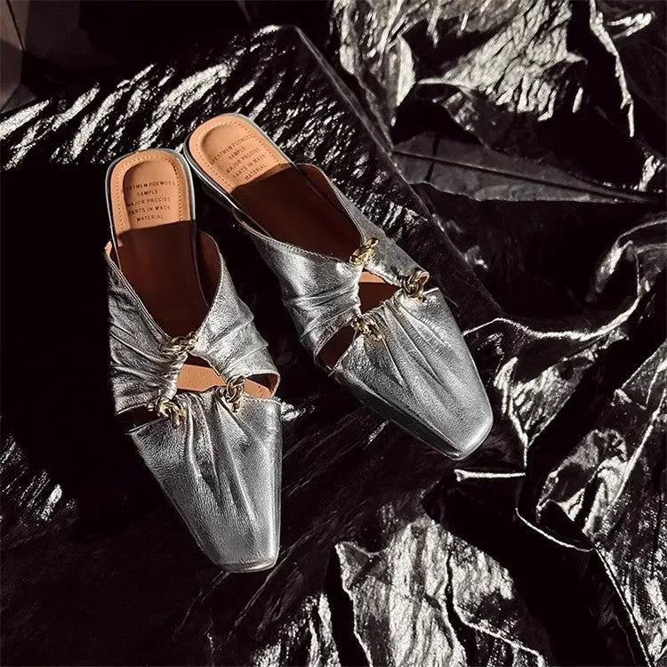Genuine leather half toe cap slippers, low heel, TPR sole, square head, Beige colour