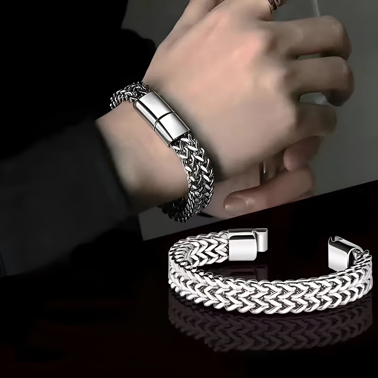 Silver geometric stainless steel men's bracelet with front and back hip hop design
