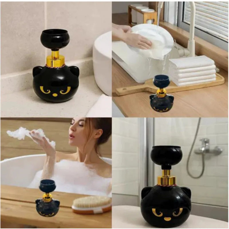 Black plastic cartoon cat shaped manual soap dispenser, 18cm tall.