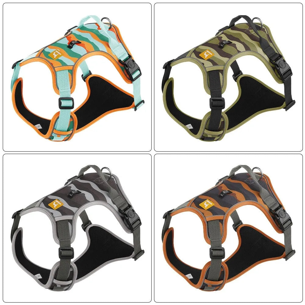 Reflective orange Oxford cloth dog lead with two black handles, shown on a dog's back and chest.