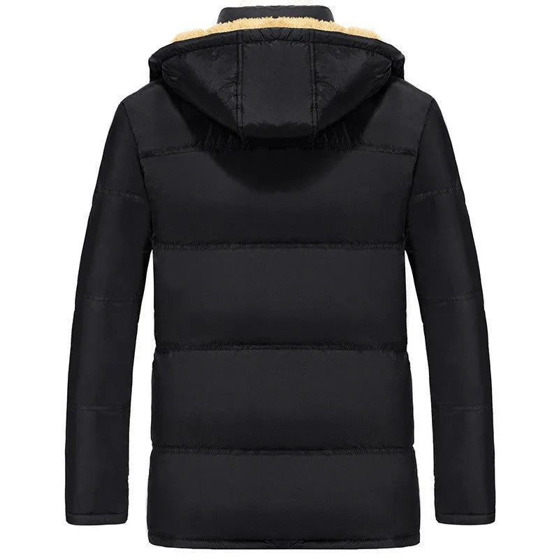 Black velvet padded men's winter jacket with double-breasted placket and hood