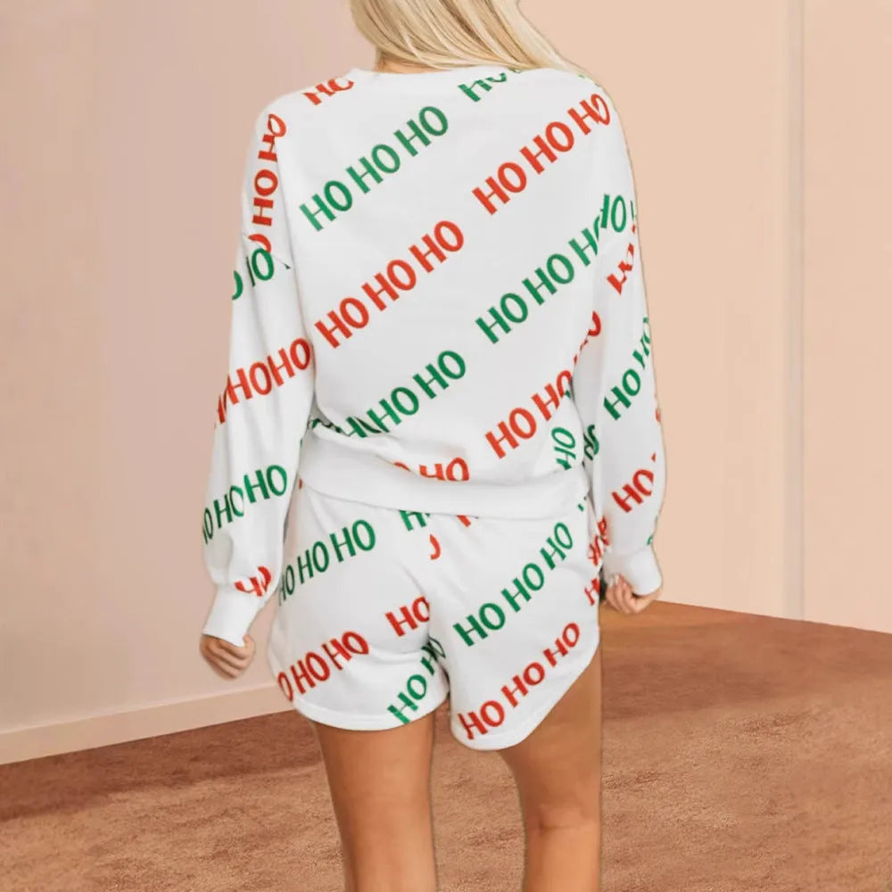 Women's white polyester two-piece suit with letters printed long sleeve top and matching trousers