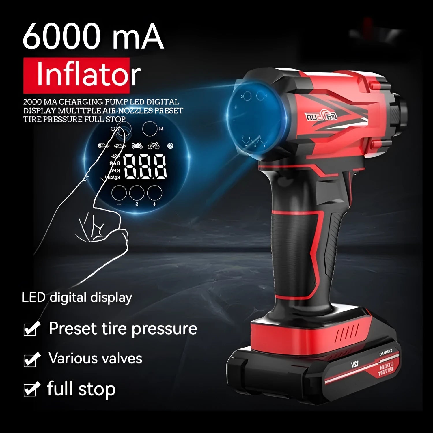 Red and black portable wireless car tyre air pump with power cable and nozzle attachments on a table.
