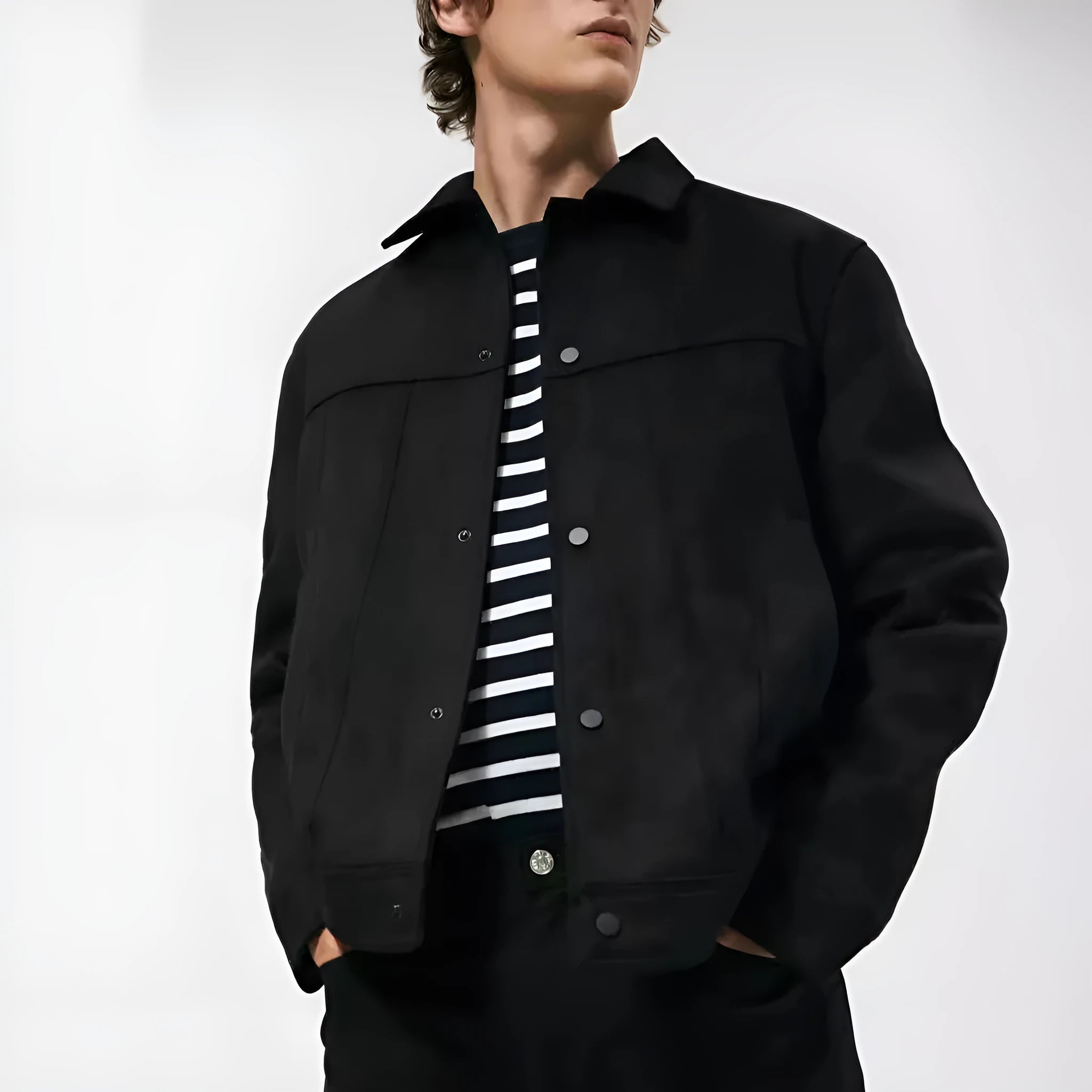 Men's black hooded jacket with a suede collar, side pockets, and a straight hem.