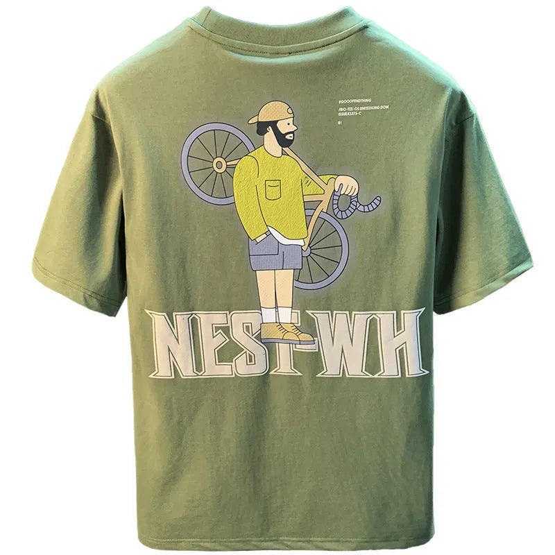 Green men's loose fit T-shirt with a Literary Youth graphic print on the front.