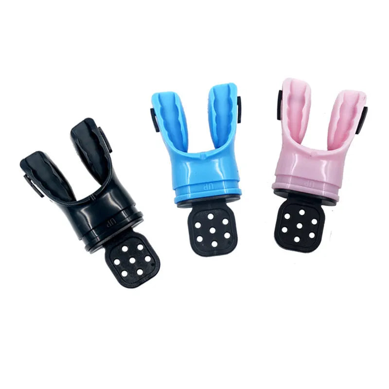 Edible silicone plastic free diving mouthpiece in various colours showing 110mm length.