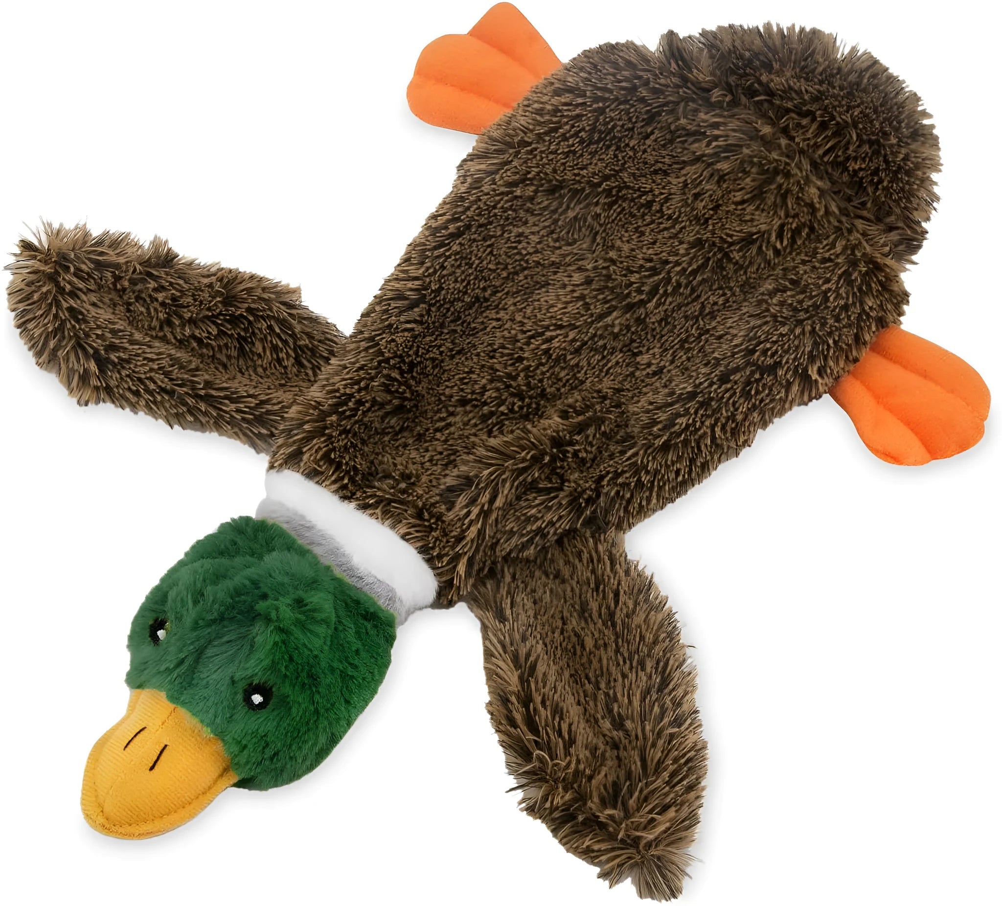 Green Wild Duck design stuffless dog toy with squeakers in head and tail