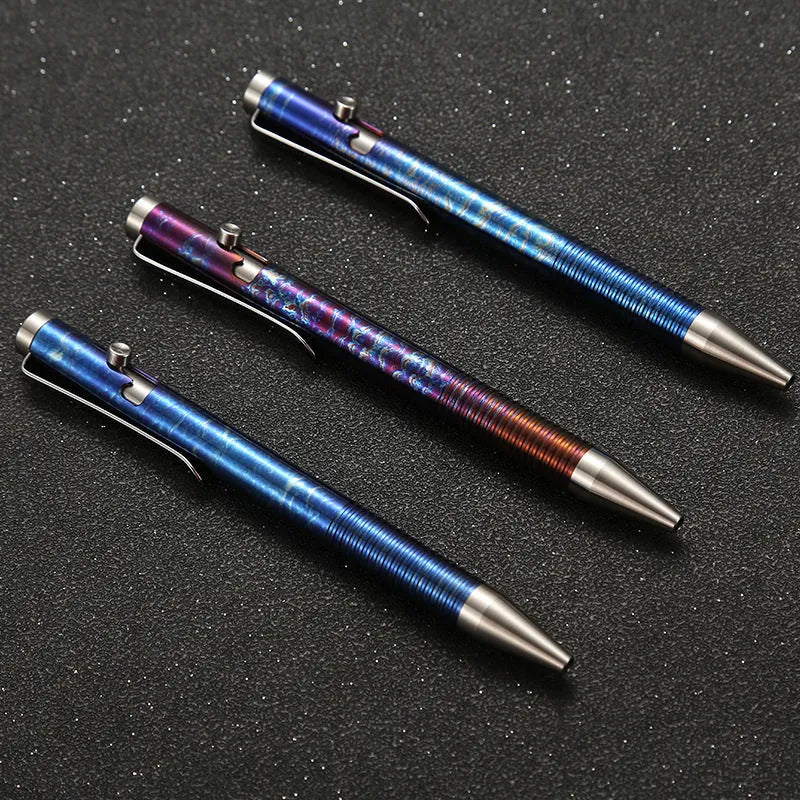 Titanium alloy gun bolt handle ball pen with magic colour phantom finish showing length and diameter
