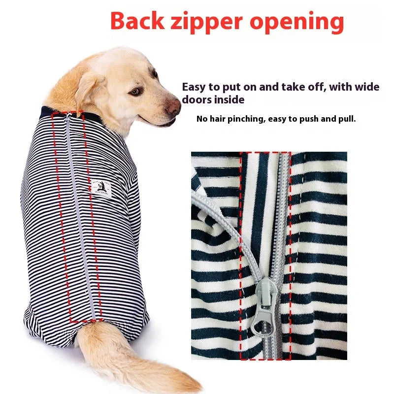 Four-legged striped dog shirt for Golden Retrievers and Labradors in polyester fabric