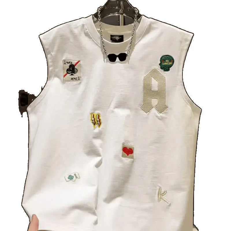 Men cartoon printed sleeveless cotton vest t-shirt in white and black, loose fit