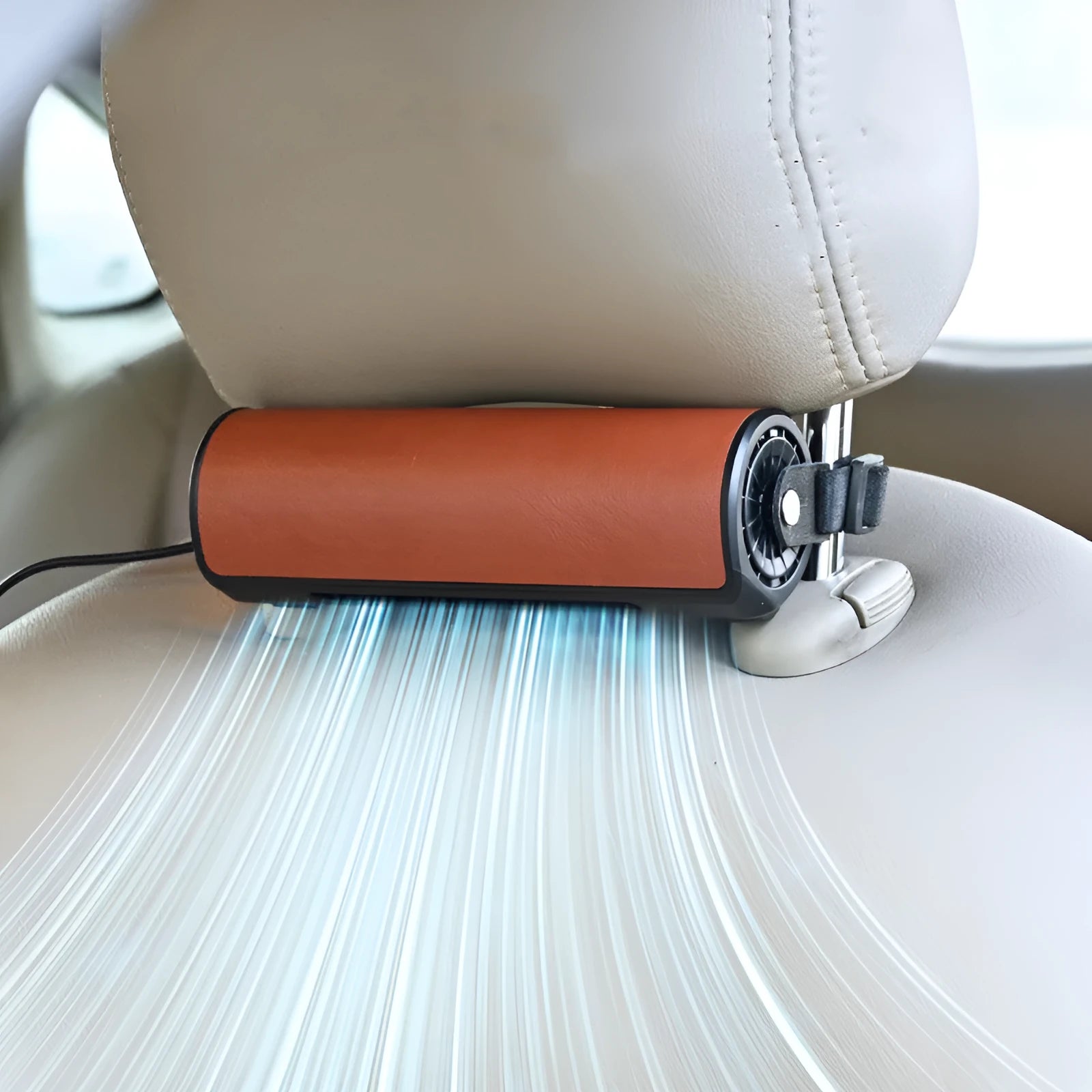 USB-powered black car-mounted fan for rear seats with a long cable, shown next to brown and red colour options.