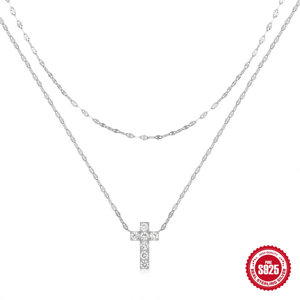 S925 sterling silver necklace with double layer twin diamond cross pendant on delicate clavicle chain