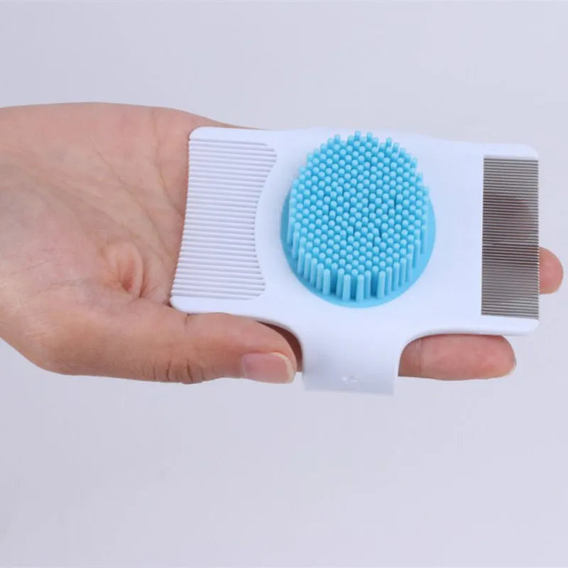 Blue multifunctional pet comb grooming tool measuring 8.5cm with floating hair removal, massage, and flea removal functions