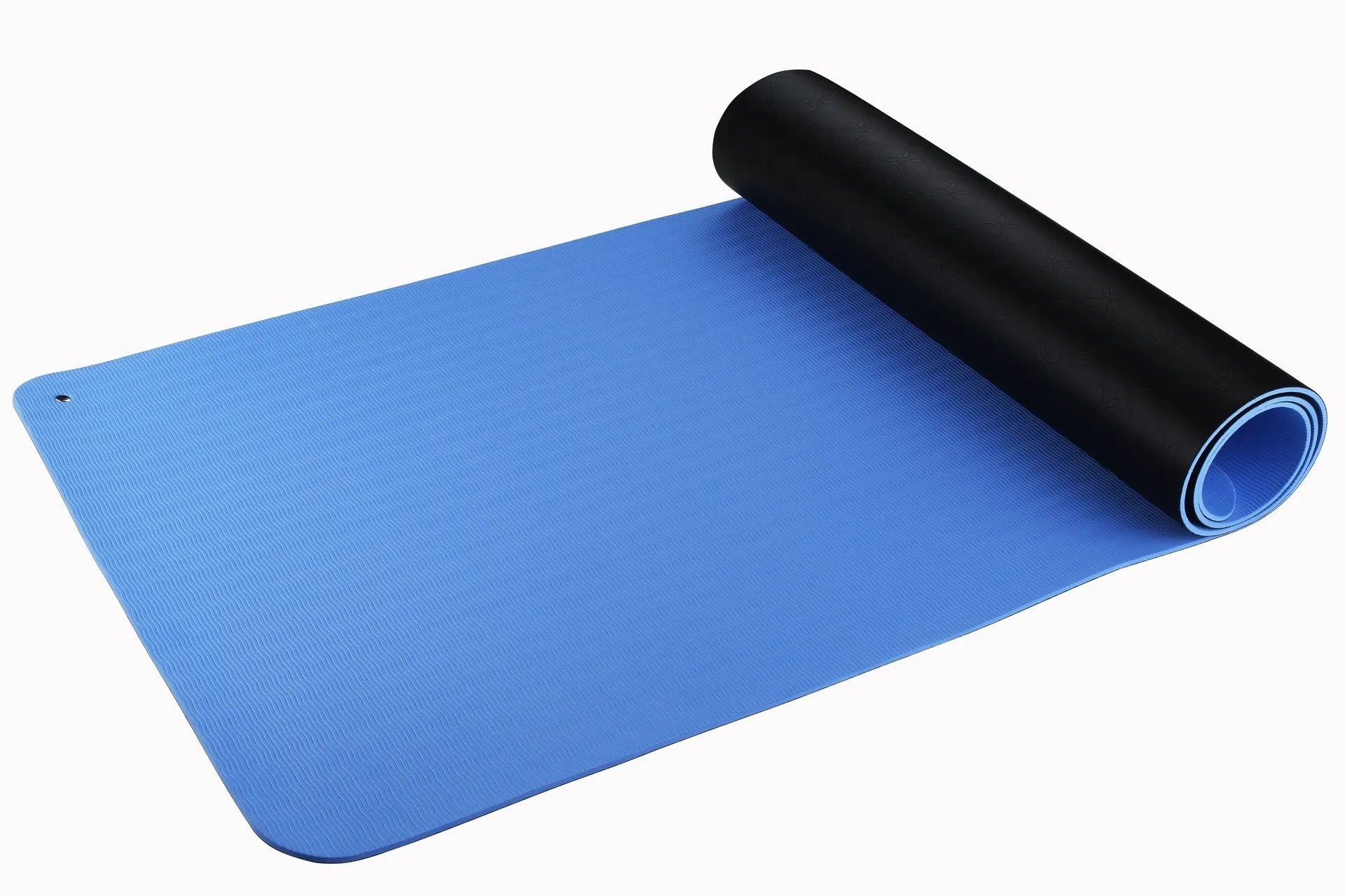 Blue conductive yoga mat with floral pattern, showing grounding wire and non-slip texture, dimensions 182x61cm.