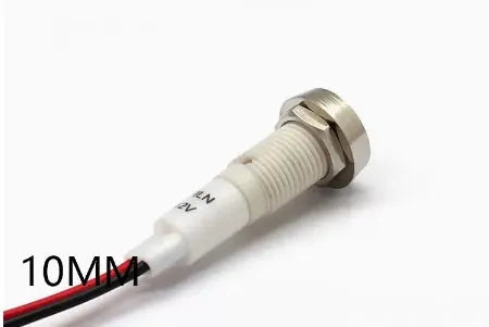 10mm diameter metal indicator light with stainless steel edge, shown in multiple colours.