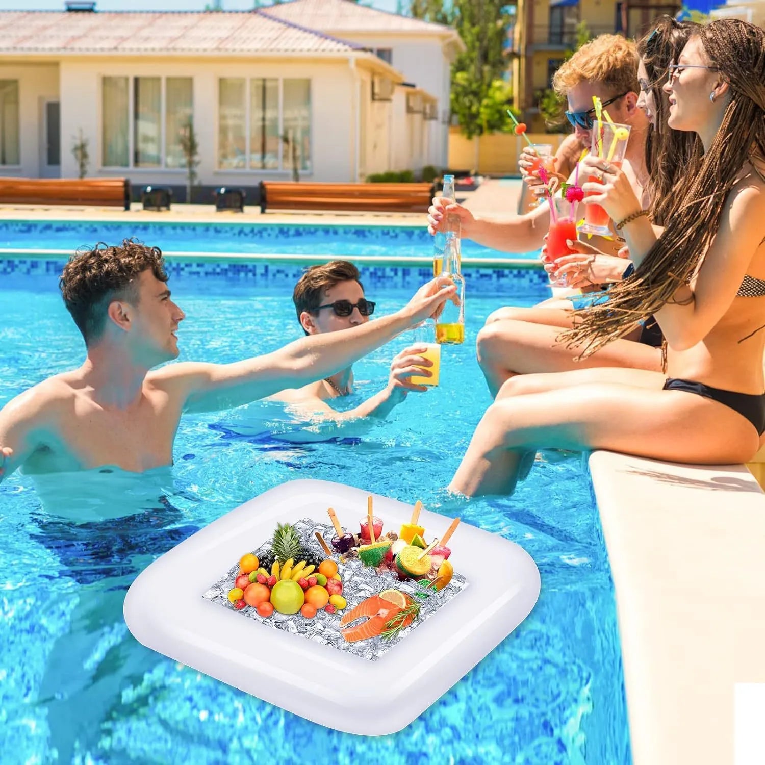 Inflatable PVC ice bar with cup holders and ice bucket accessory for party drink service