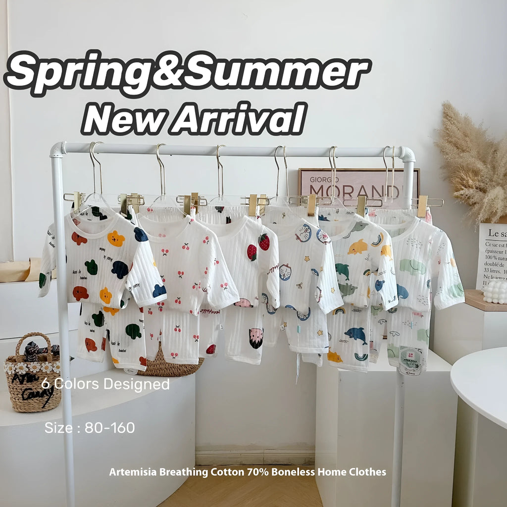 Children's cotton three-quarter sleeve loungewear suit with animal park pattern for summer