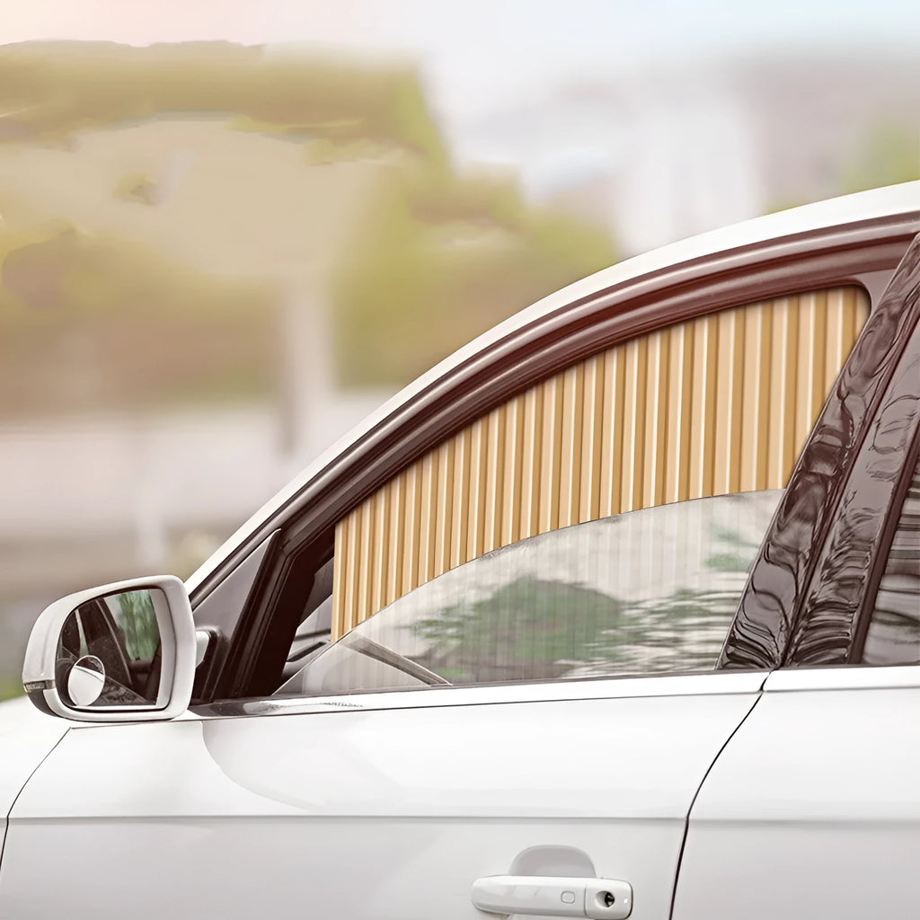 Retractable car sunshade curtain in opaque cloth, gold silver black colours, roller shutter design