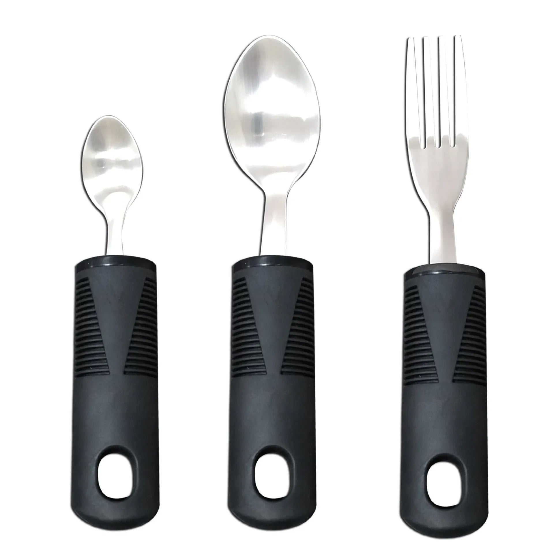 Stainless steel anti-shake tableware set with adaptive rubber grip handles in black and grey options
