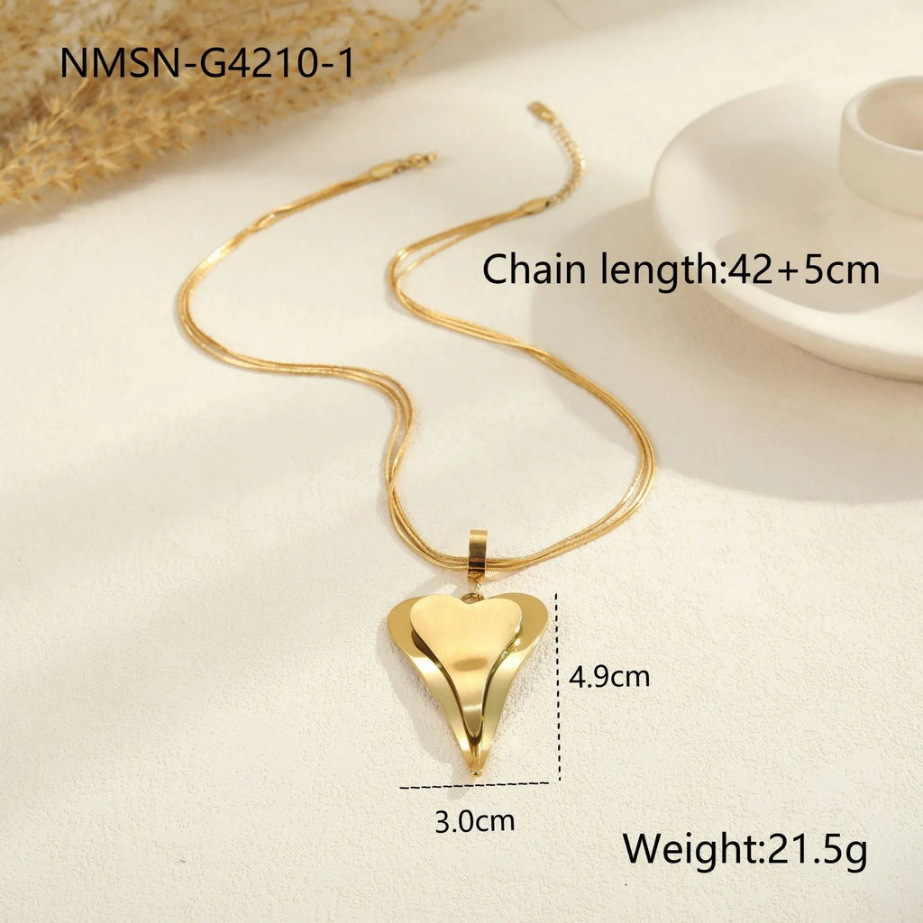 Double heart geometric pendant with snake bones chain design stainless steel necklace for women in gold or steel finish